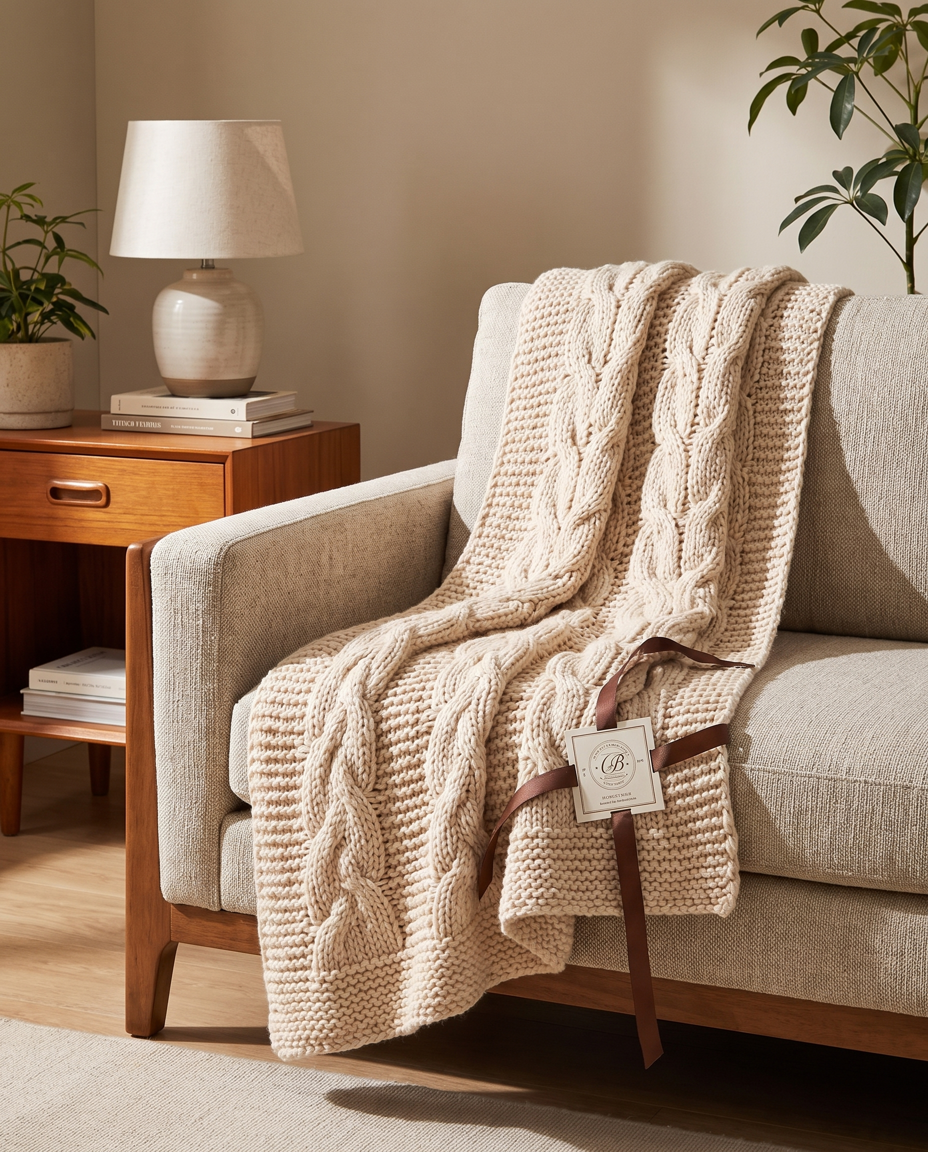 Chunky Cable Knit Throw Beige