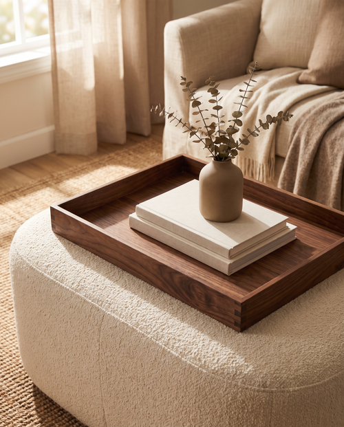 Solid black walnut ottoman tray with dovetail joinery on a cream boucle ottoman