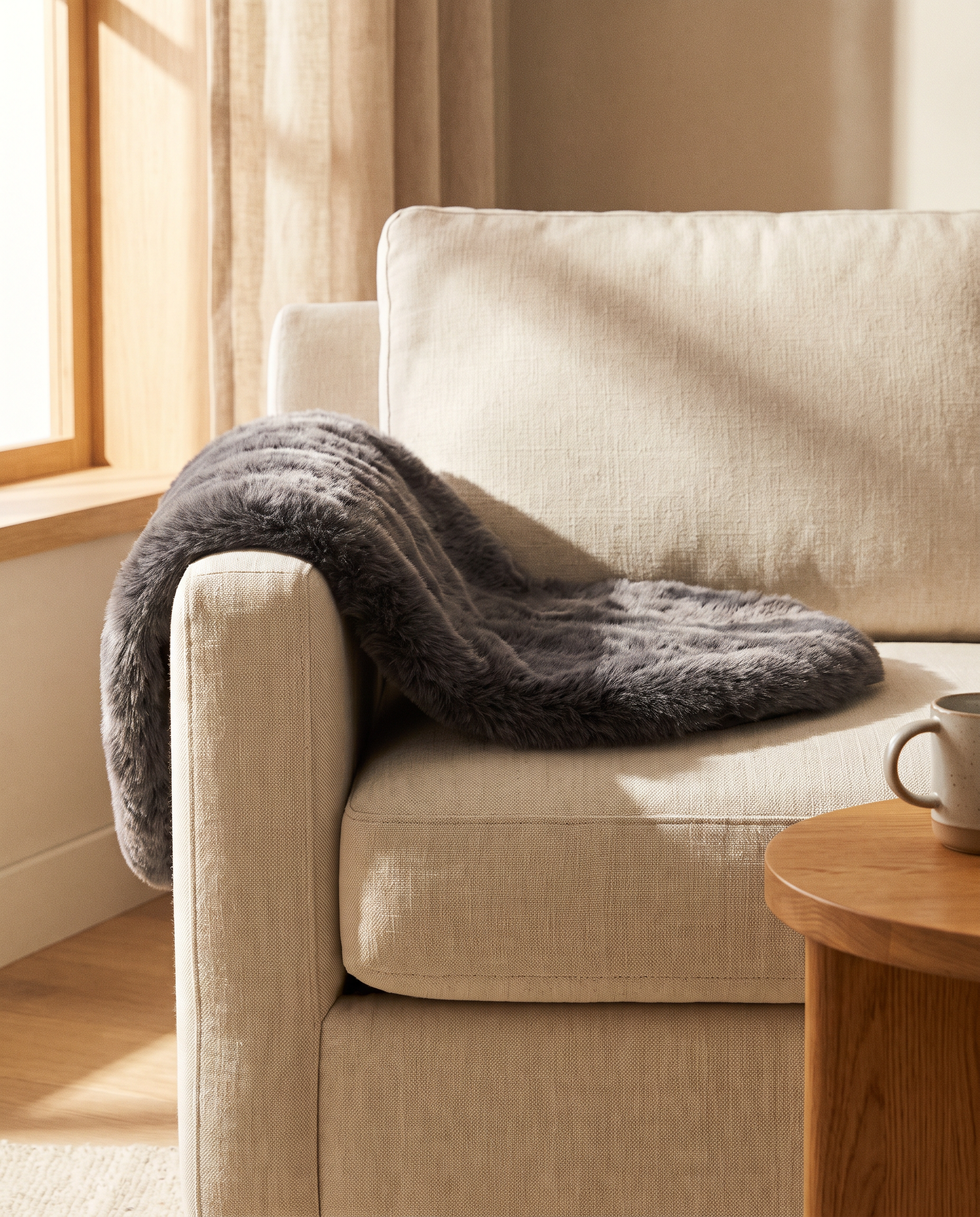 Charcoal faux fur pet mat draped over a cream linen sofa in warm afternoon light