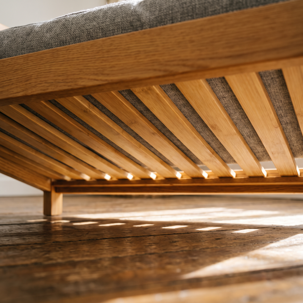 View from below showing bamboo slats supporting the cushion