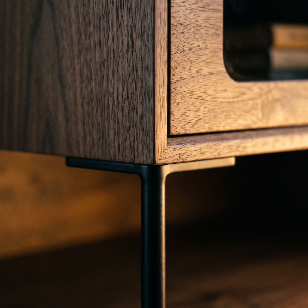 Close detail of walnut veneer frame meeting a tapered black steel leg