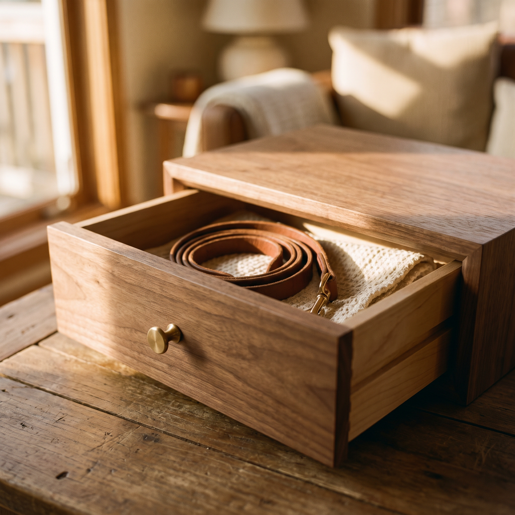 Storage drawer pulled open showing a coiled leather leash inside