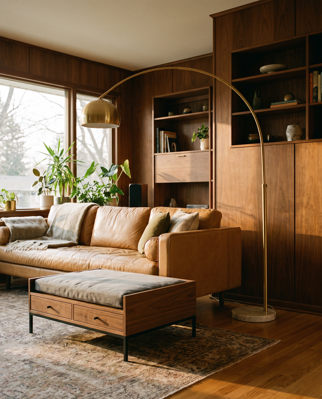Elevated walnut pet bed with storage drawers in a mid-century living room