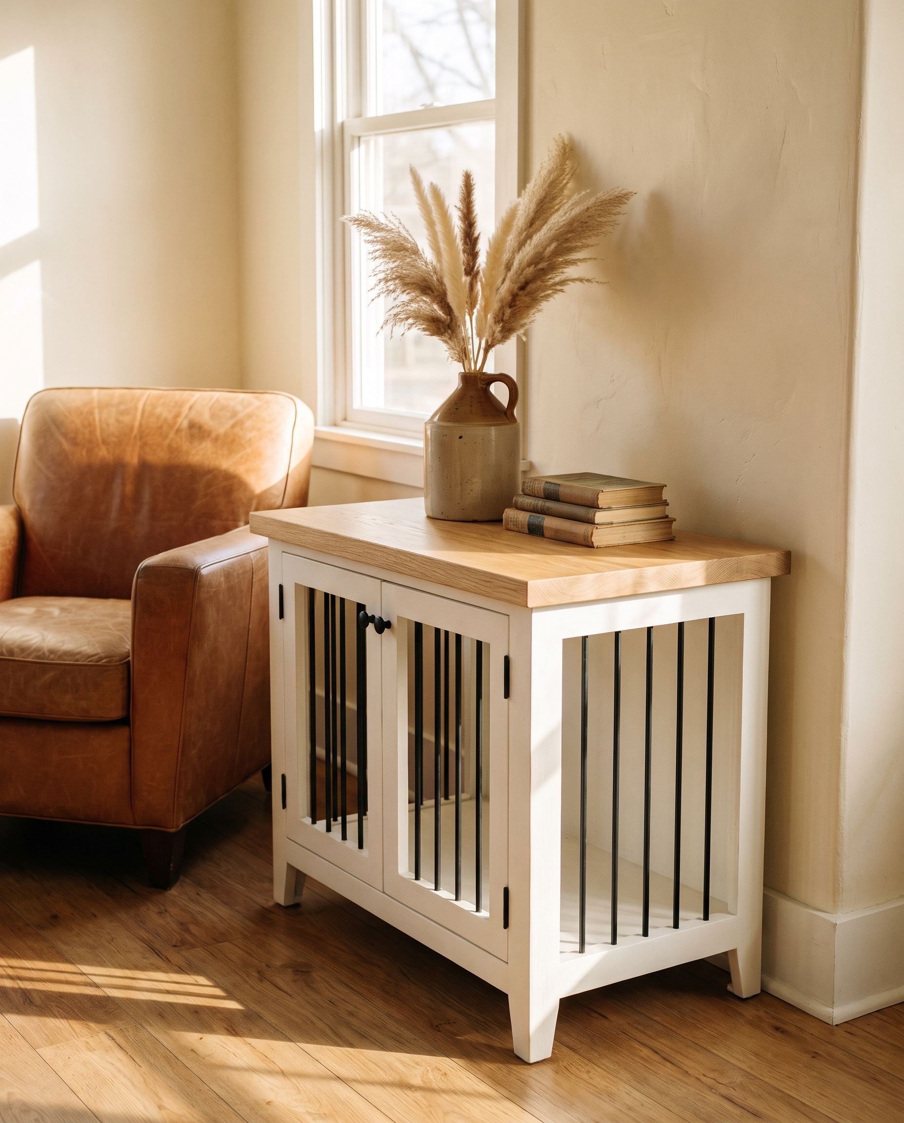 White dog crate table with oak top used as an end table beside a leather sofa