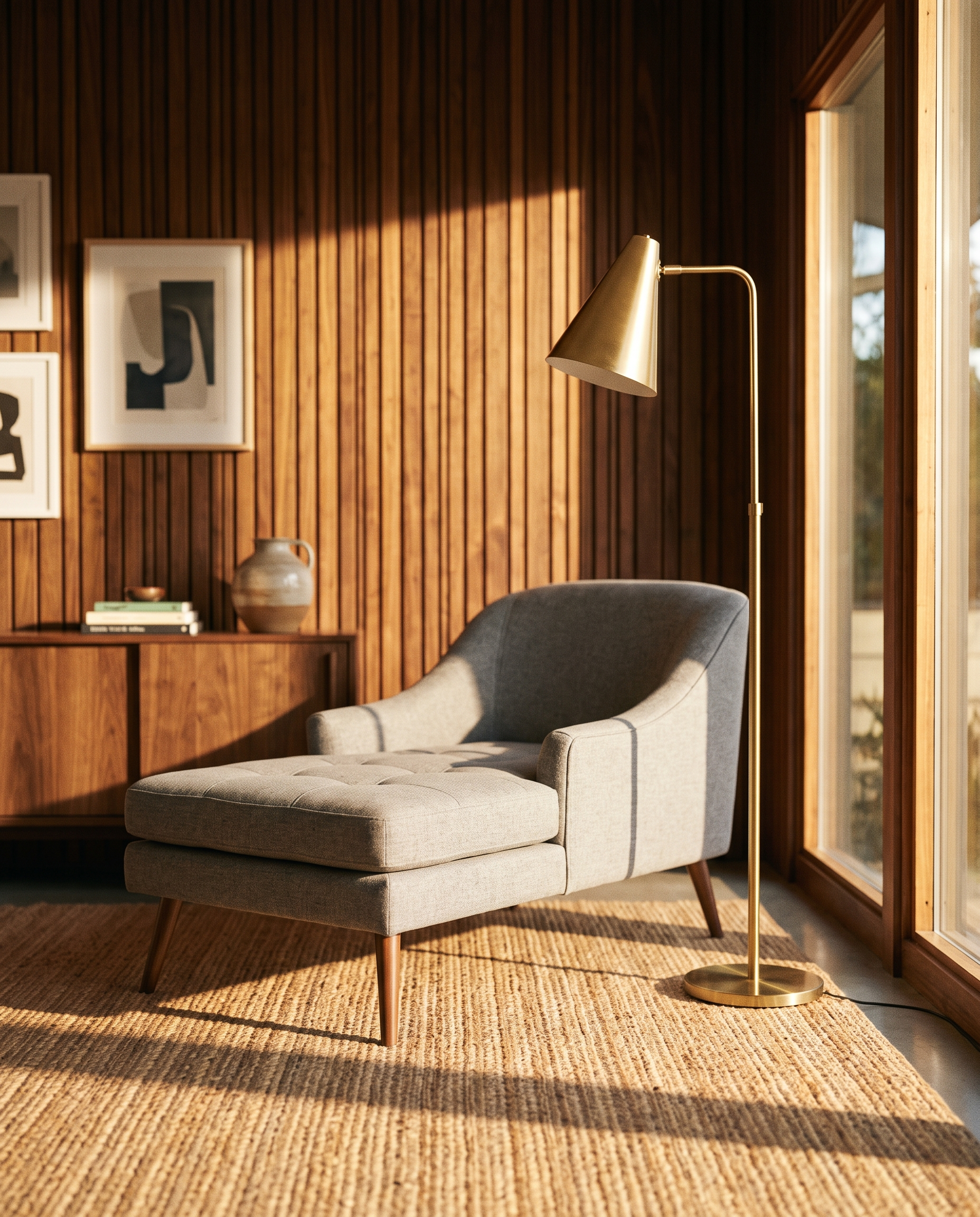 Ash grey pet chaise lounge with splayed walnut legs in a mid-century den