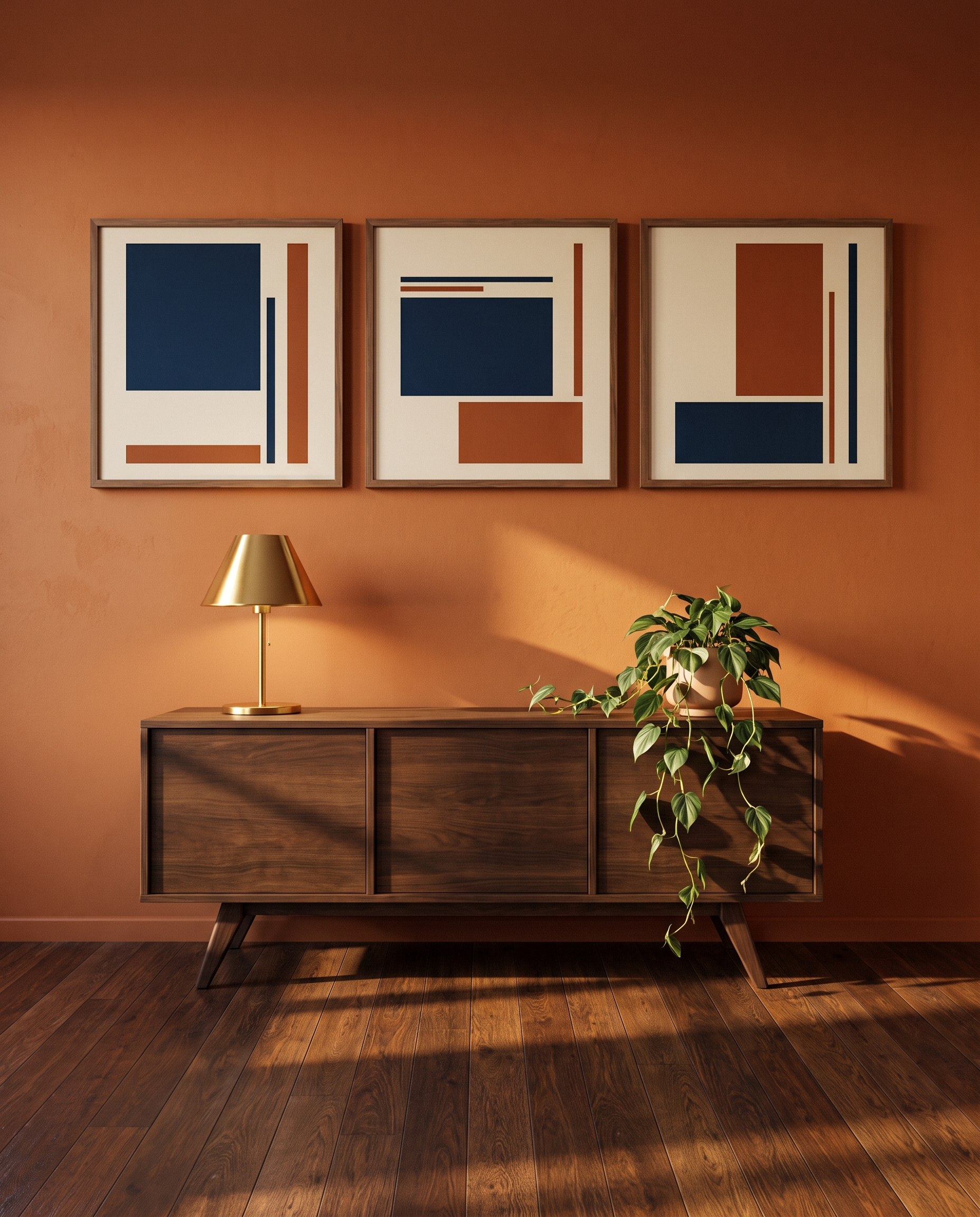 Three framed navy abstract prints above a walnut credenza on a burnt orange wall