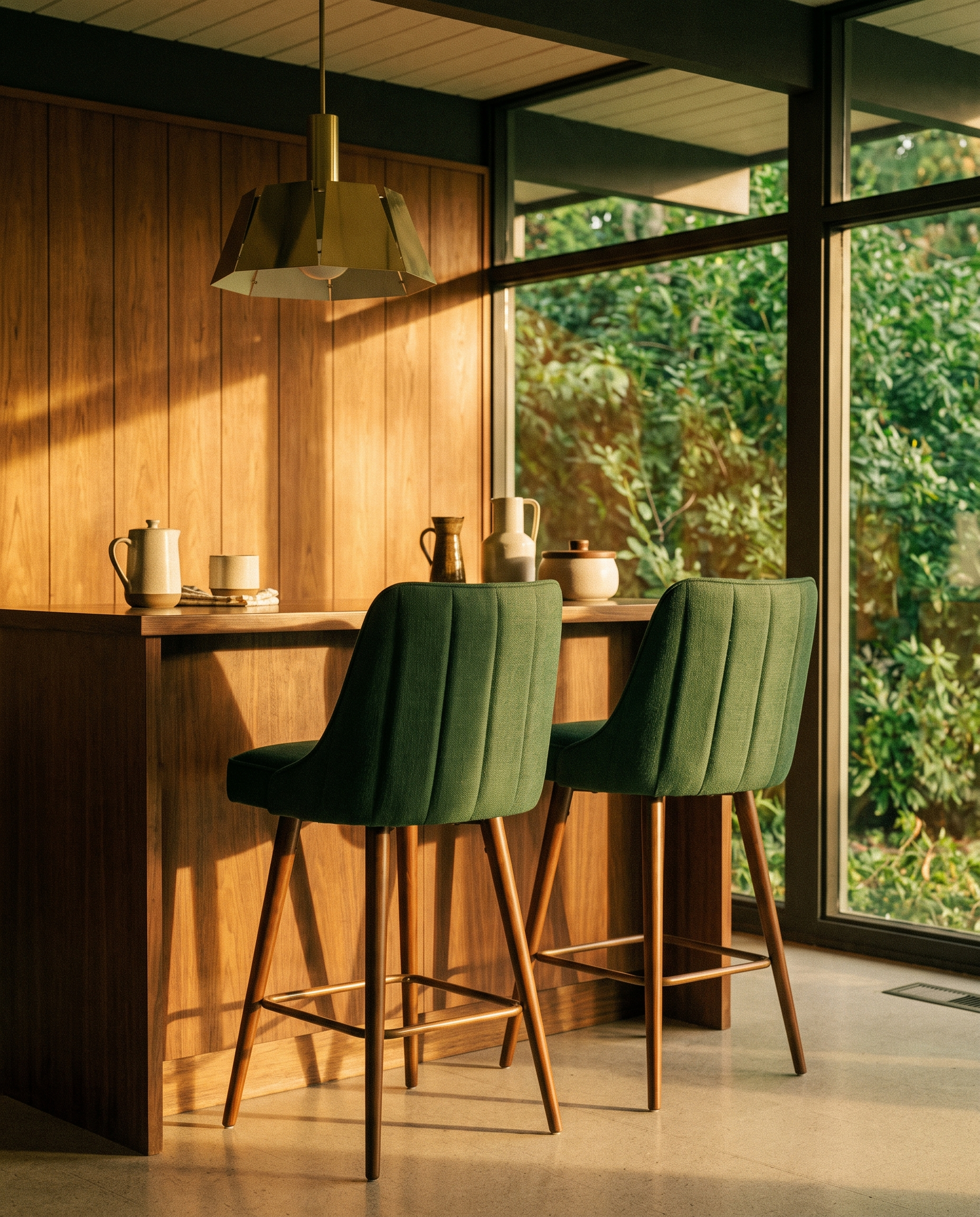 Forest green channel-stitched counter stools at a walnut island in a teak-panelled kitchen