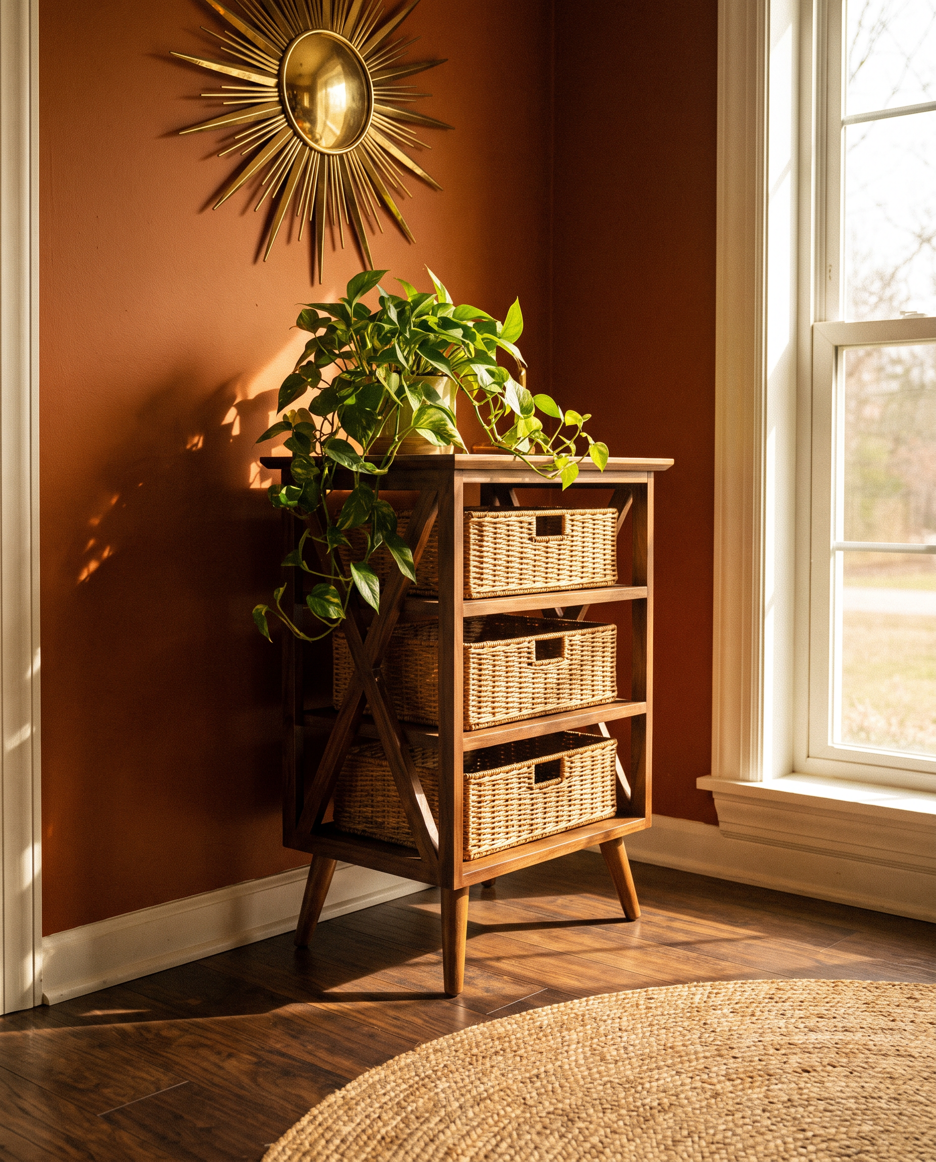 Three-tier walnut side table with wicker baskets against a burnt orange wall