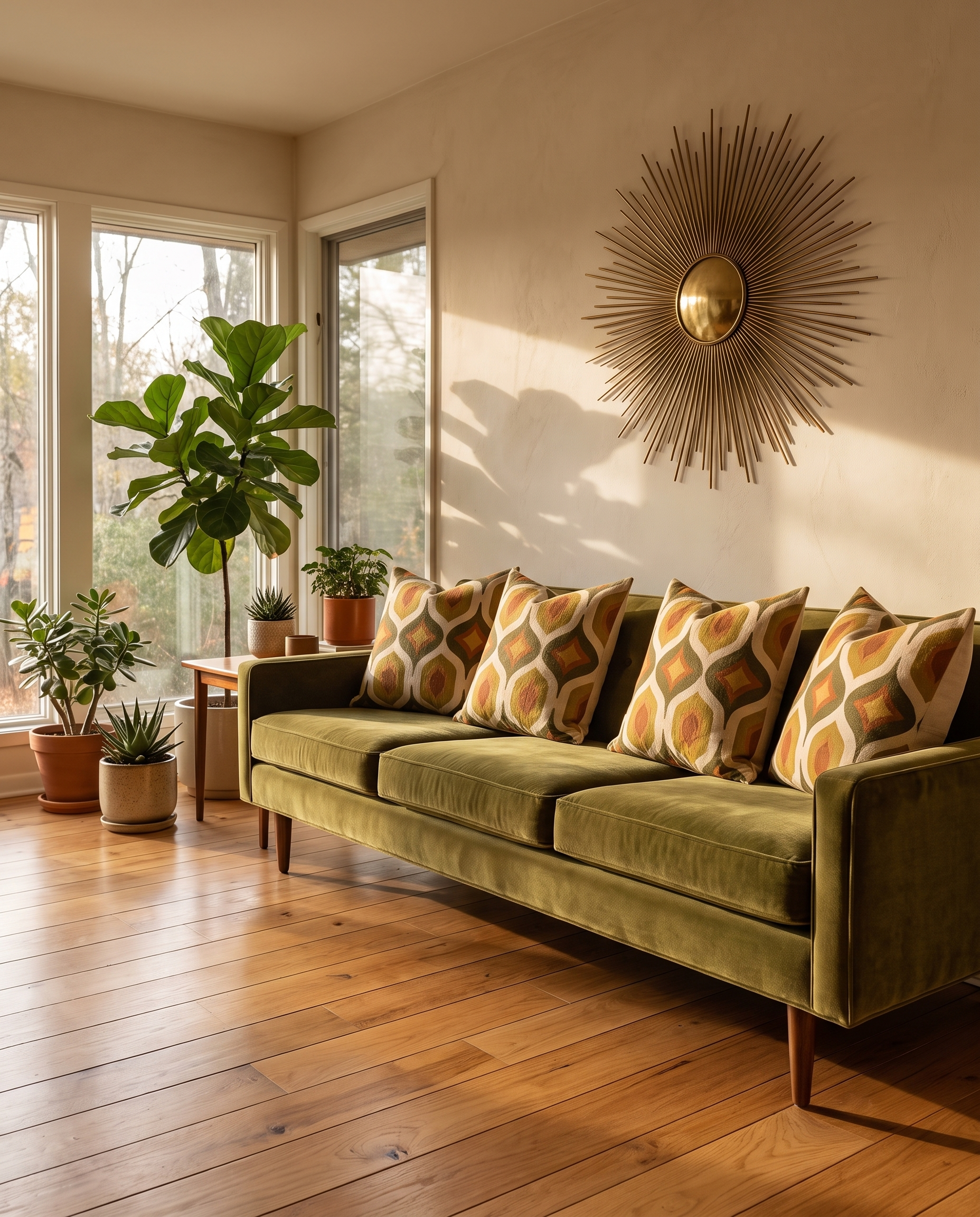 Four geometric linen cushions on an olive velvet sofa on bare oak floorboards