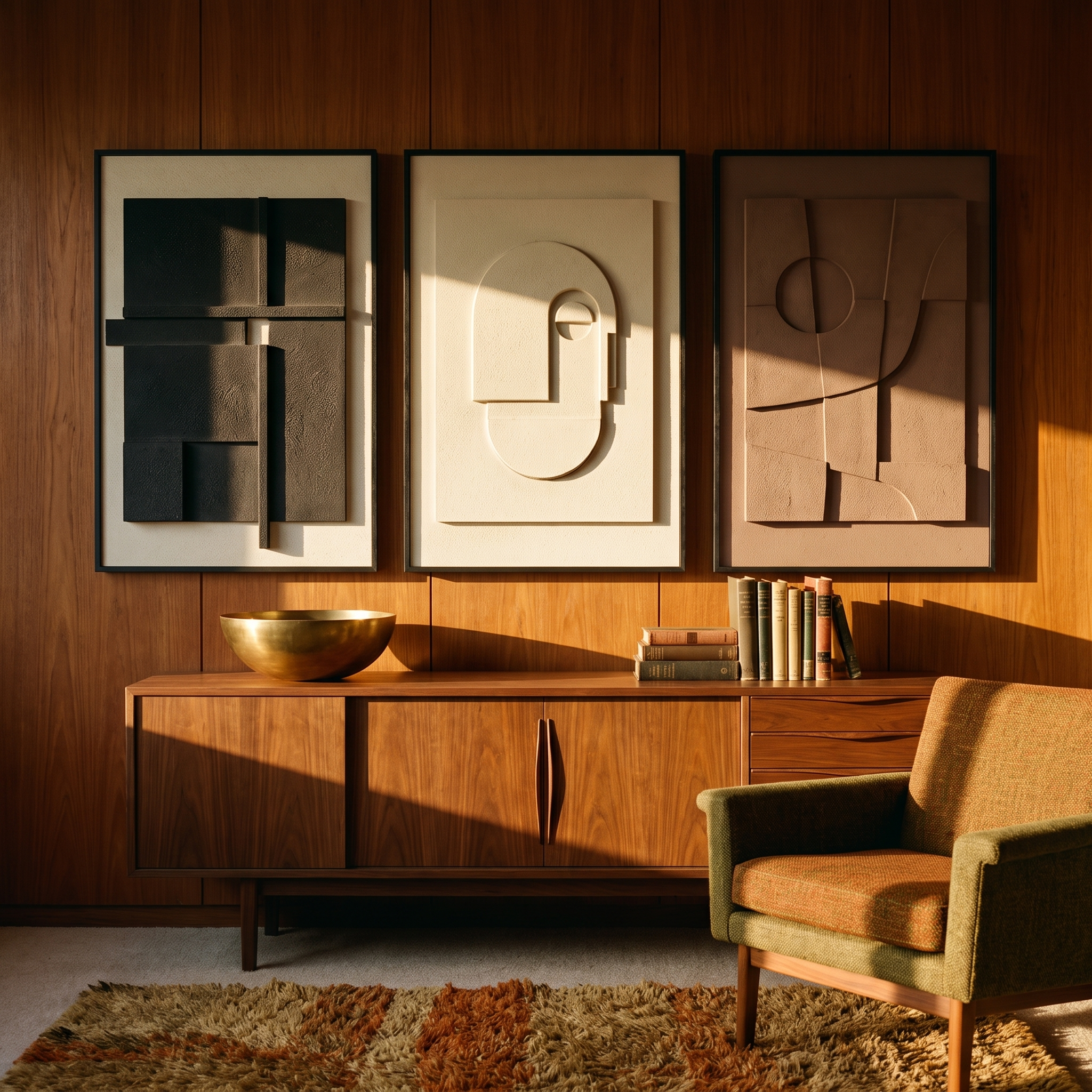 Three sandstone-textured brown and beige panels above a walnut sideboard