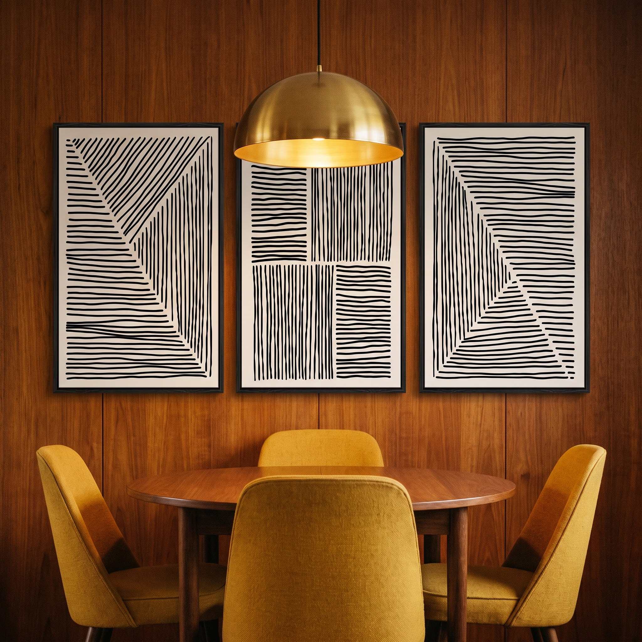 Three minimalist black-framed line prints in a mid-century dining nook