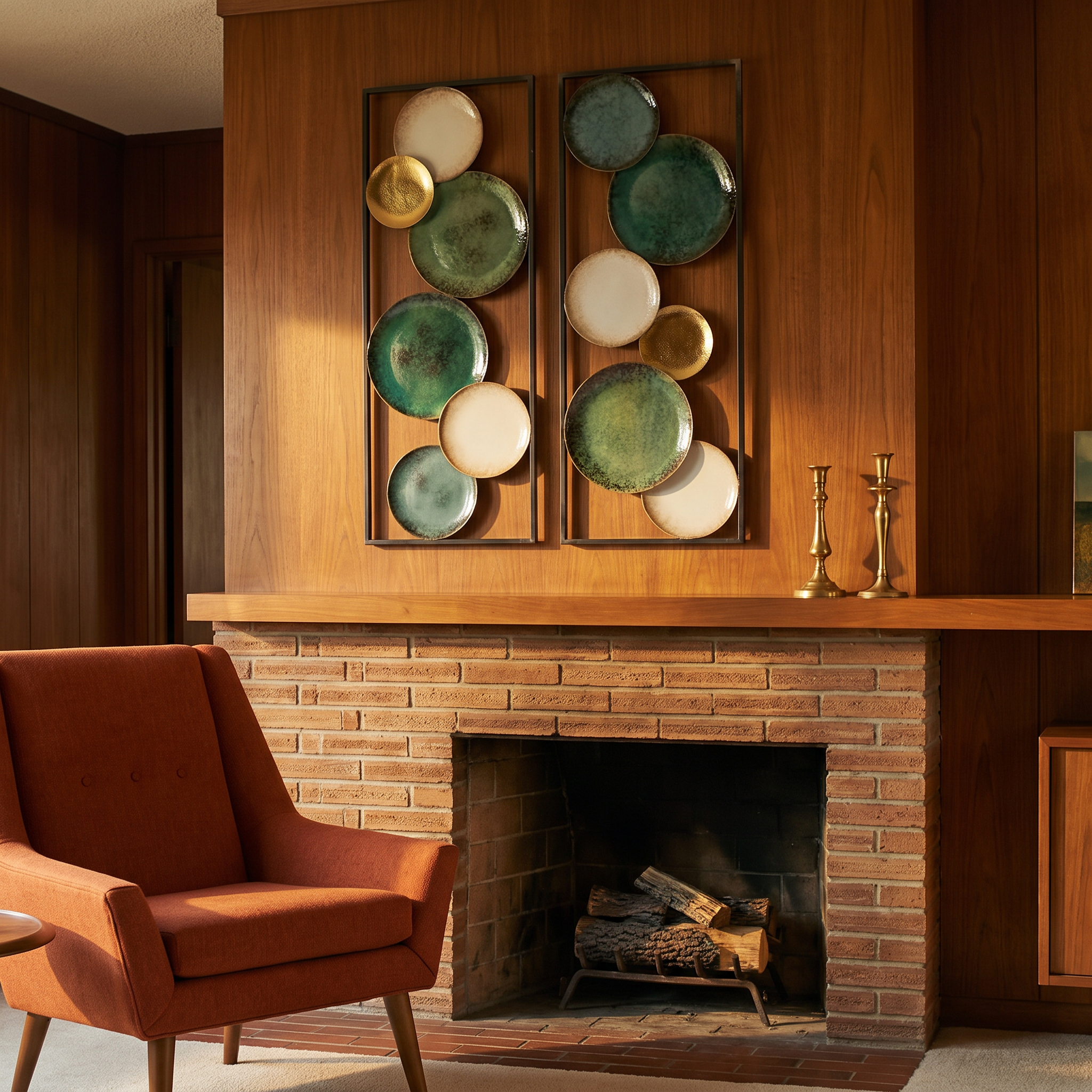 Two metal wall panels with overlapping discs above a fireplace mantle