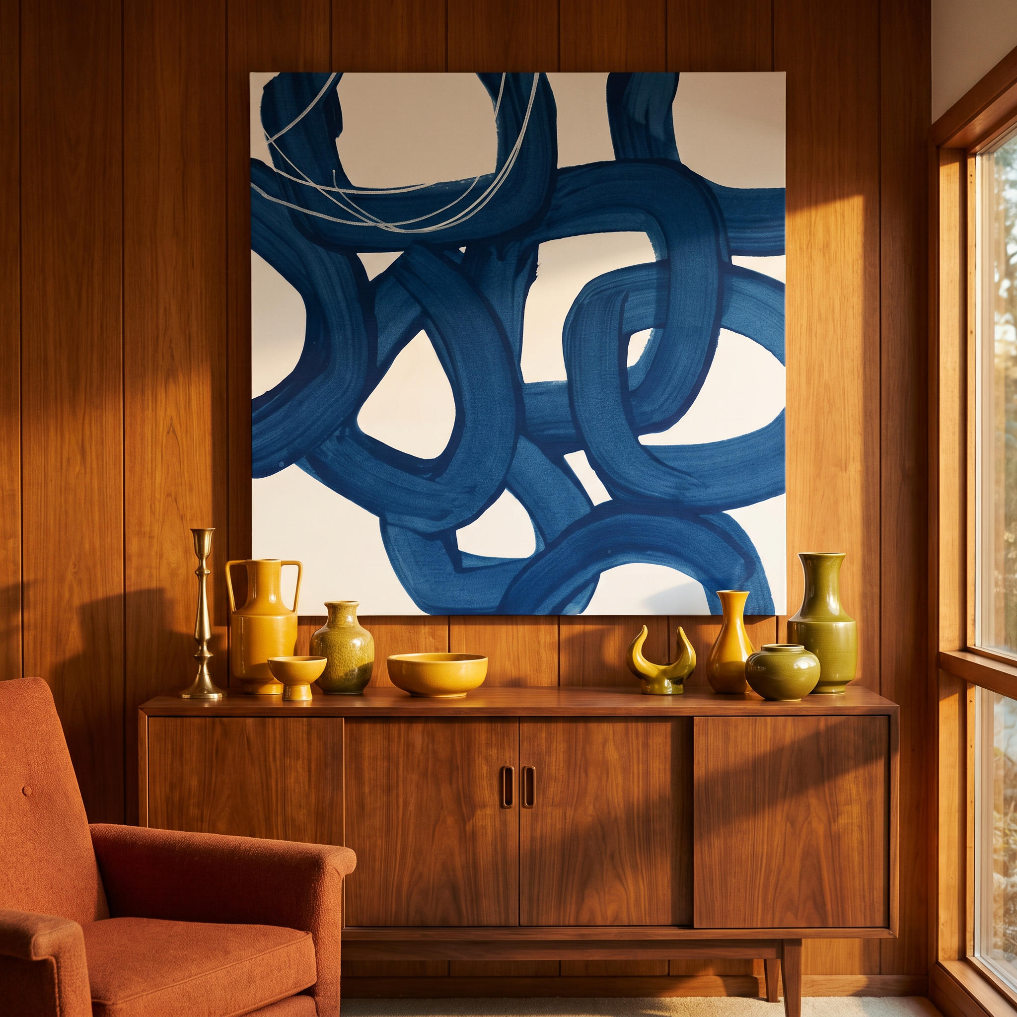 Large square fractal floral canvas above a walnut sideboard