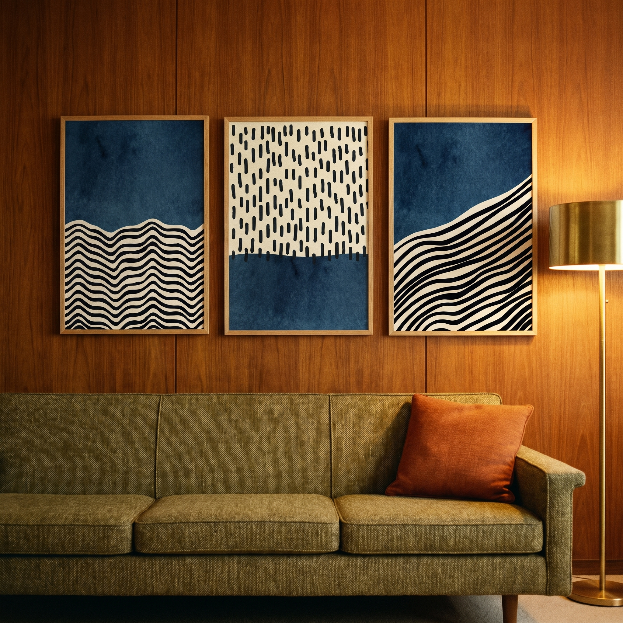 Three indigo and black mid-century line prints above an olive tweed sofa