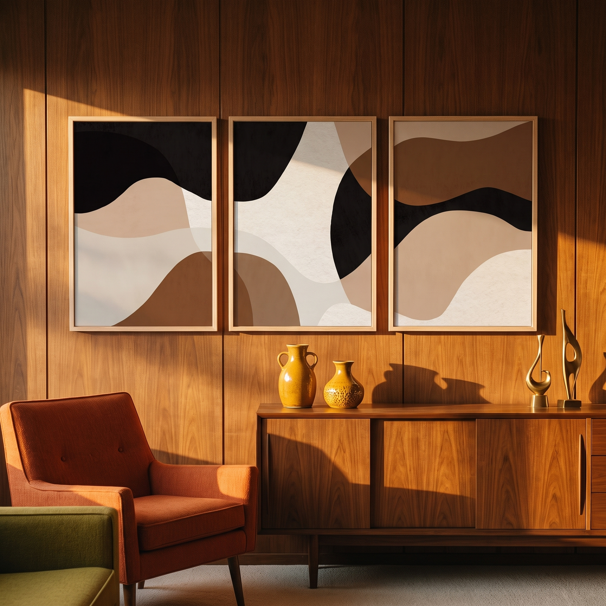 Three black-and-cream geometric prints in natural wood frames above a walnut credenza