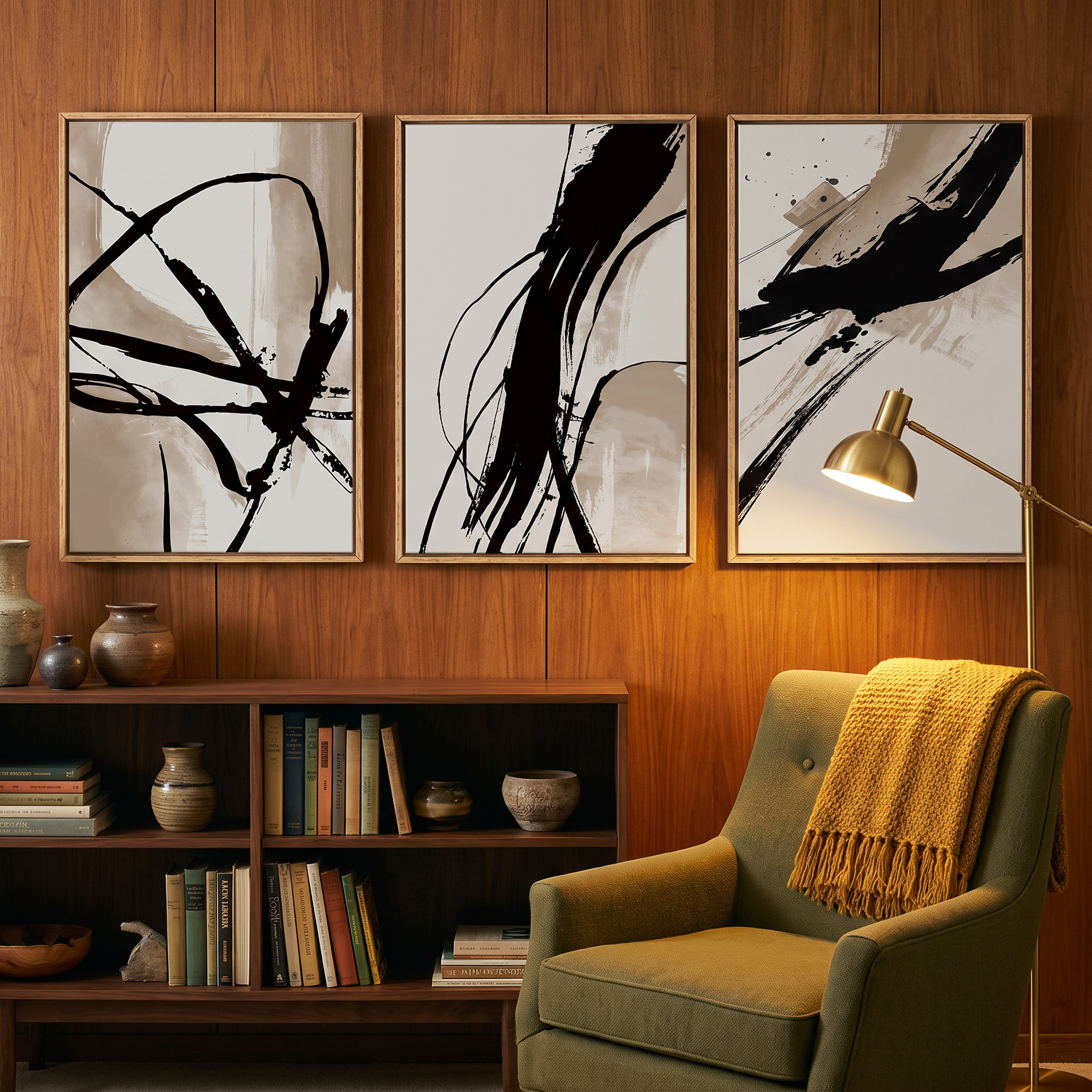 Three tan and beige brush stroke prints above a low walnut bookshelf