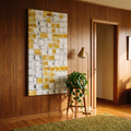 Tall white and yellow block canvas on a narrow wall beside a doorway