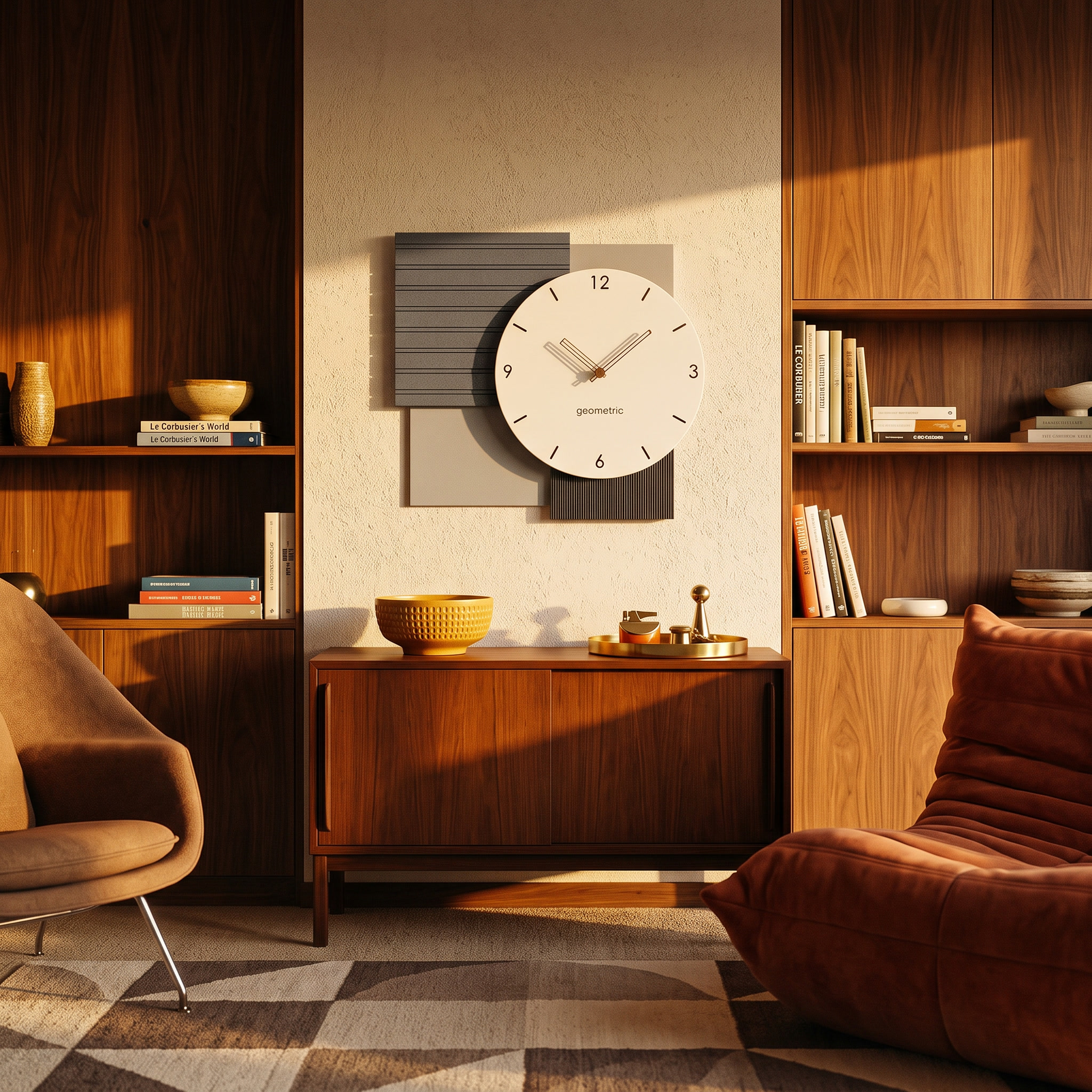 Square charcoal and grey wall clock above a teak sideboard